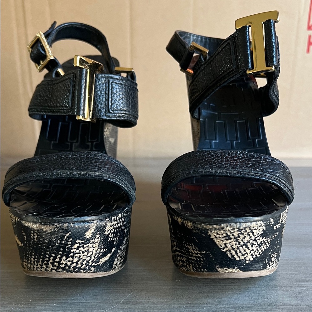 Tory Burch Black and Gold Platform Sandals
